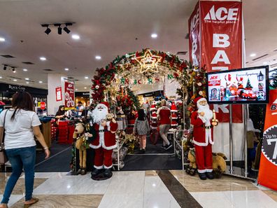 A stan of Christmas decorations at the shopping mall in Yogyakarta, Indonesia on December 24, 2019. 