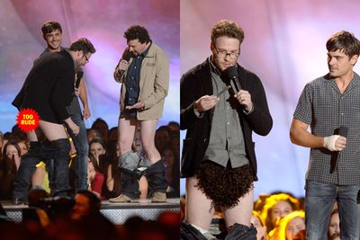 Seth Rogen showed us excess booty and an overly hirsute crotch wig at the MTV Movie Awards. Zac Efron unfortunately did not follow suit. GROAN.
