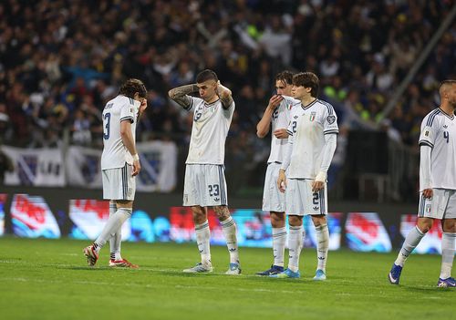 Players of Italy reacts at the end of the FIFA World Cup 2026 European Qualifiers.