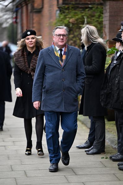Ed Balls attends the funeral of Derek Draper at St Mary the Virgin Church, on February 02, 2024 in London 