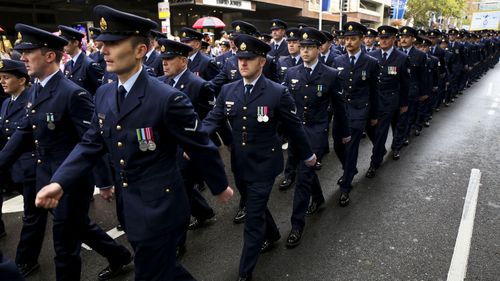 Forces march during an Anzac Day parade in Sydney.