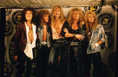 UNIVERSAL CITY, CA - 1987:  The rock group, "Whitesnake," poses on the red carpet at the 1987 Universal City, California, MTV Music Awards. (Photo by George Rose/Getty Images)