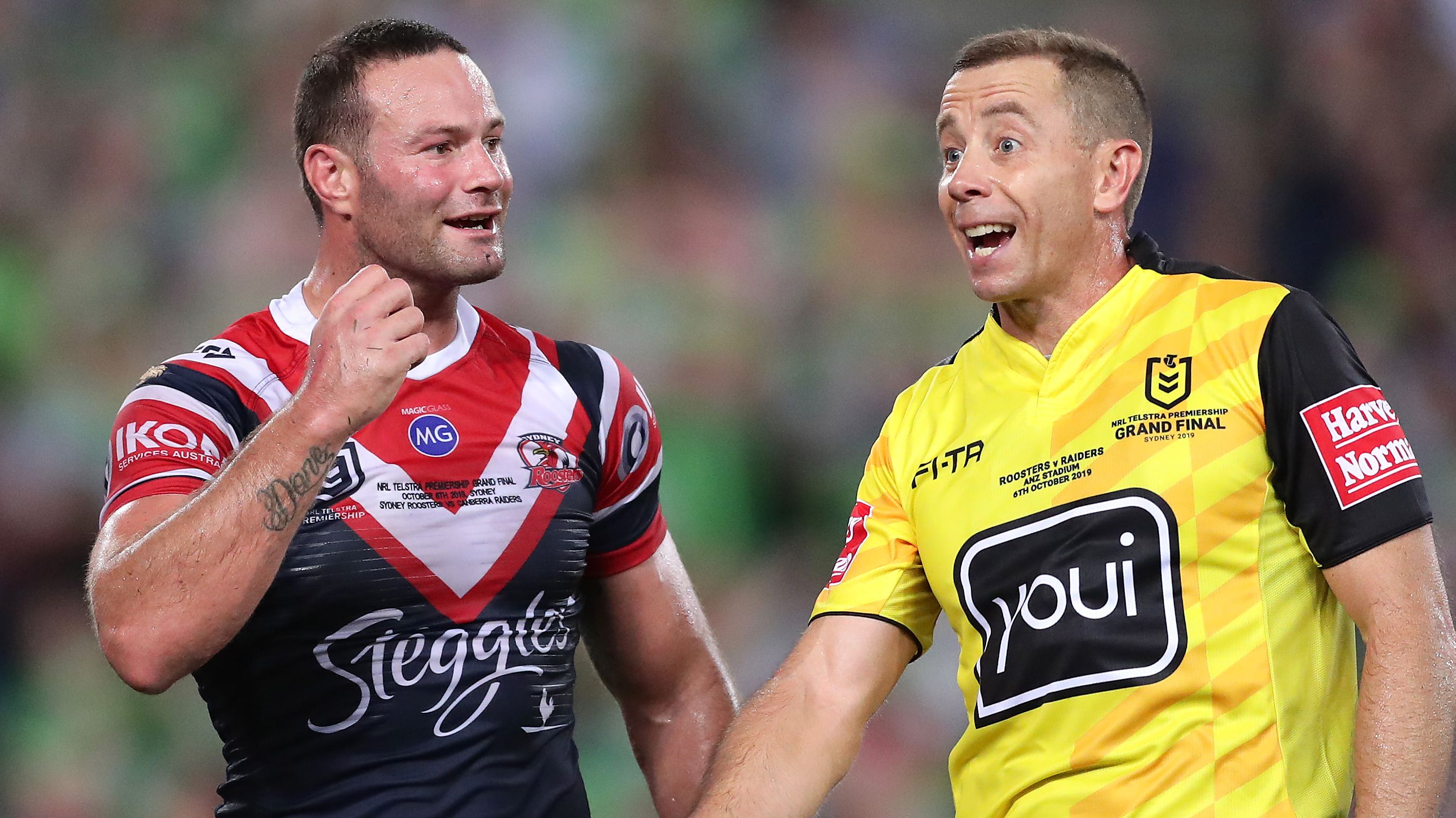 Boyd Cordner challenges referee Ben Cummins over a call in the 2019 grand final.