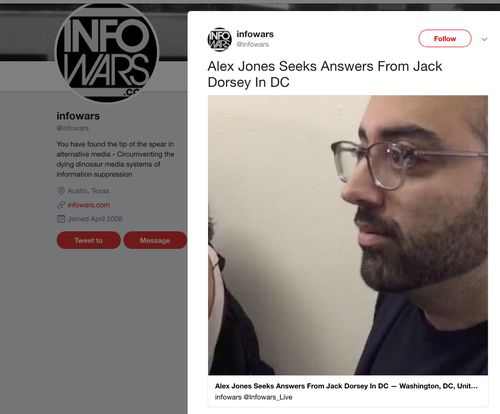 This image shows a post on Info Wars' Twitter account showing CNN journalist Oliver Darcy listening to right-wing conspiracy theorist Alex Jones