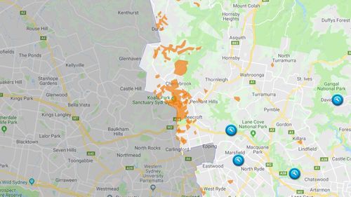 Several power outages (shaded in orange) still exist in Sydney's north-west.