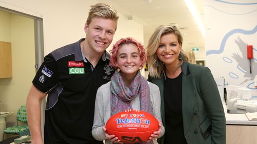 Co-host of The Footy Show Rebecca Maddern joined AFL players and kids at Monash Children's Hospital to launch the event. (Supplied)