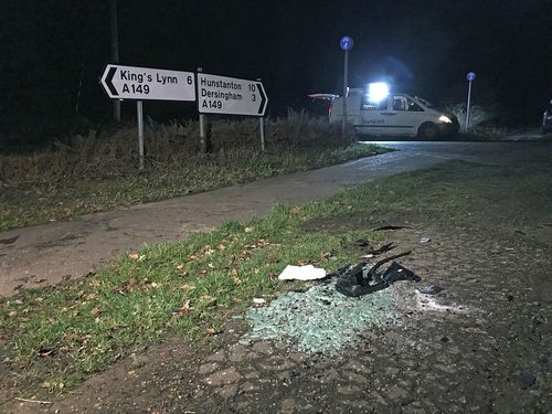 Broken glass and car parts on the side of the A149 near to the Sandringham Estate where the Duke of Edinburgh was involved in a road accident last week while driving.