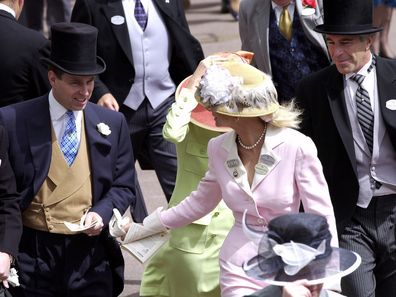 Prince Andrew, the Duke of York and Jeffrey Epstein (far right) at Royal Ascot.