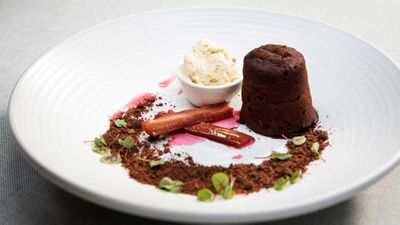 Recipe: <a href="https://kitchen.nine.com.au/2017/11/24/17/50/family-food-fight-the-butler-familys-chocolate-fondant-with-poached-rhubarb" target="_top">The Butler's Chocolate fondant with poached rhubarb and rhubarb ice cream</a>