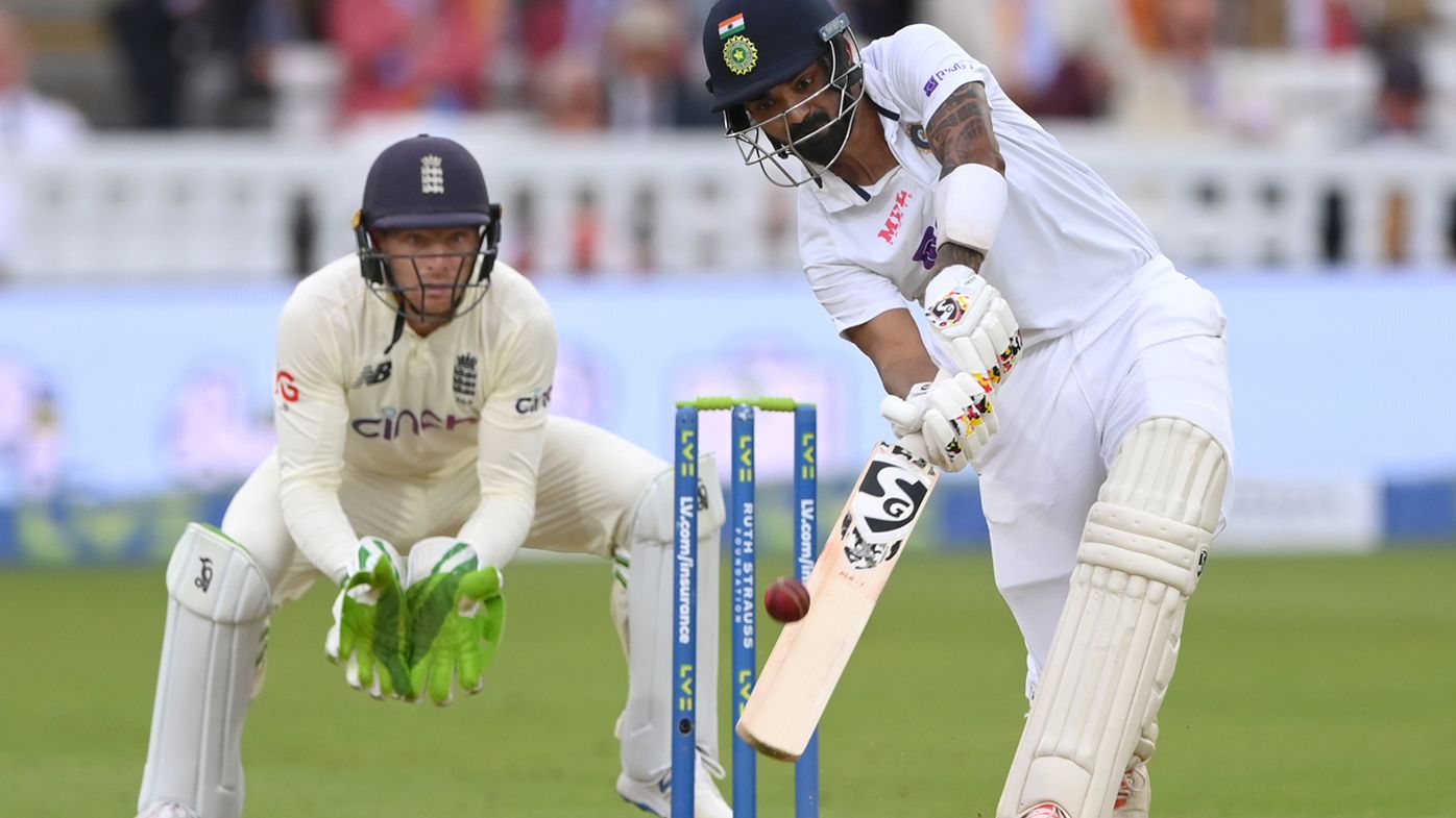 Indian batsman KL Rahul hits a ball from Moeen Ali for 6 runs watched by Jos Buttler during day one of the Second Test Match between England and India at Lord&#x27;s.
