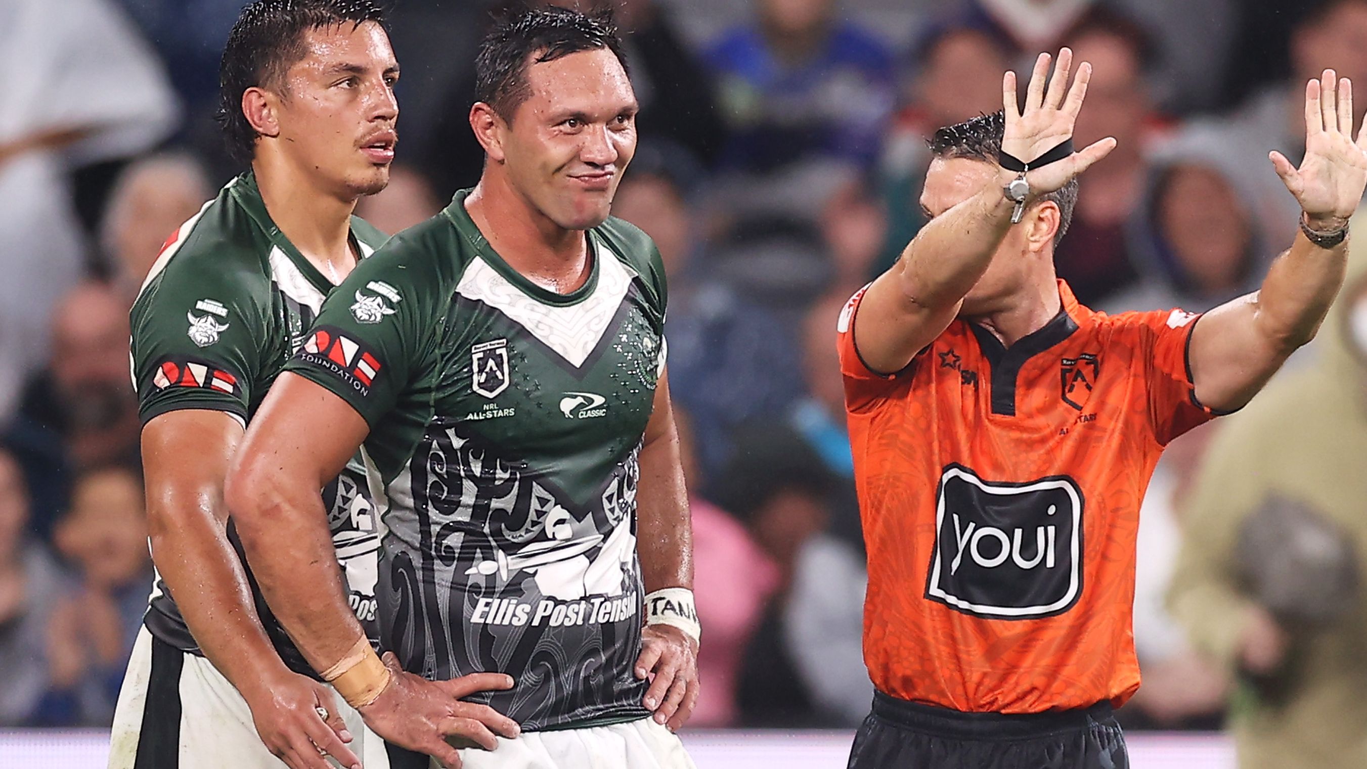 Jordan Rapana of the Maori All Stars is sent off for 10 minutes after a shoulder charge.