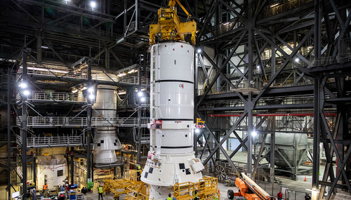 The solid rocket boosters are the first components of the SLS rocket to be stacked and will help support the remaining rocket pieces and the Orion spacecraft.
