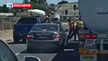 T﻿wo men have been captured brawling in traffic on a Melbourne road in an alleged road rage incident.
