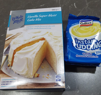 Aldi packet vanilla cake mix and Cottee's Instant Pudding mix