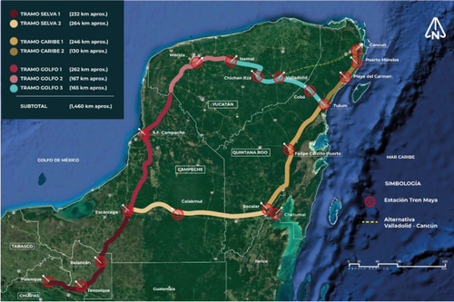 Map details the route of the proposed Maya Train project on the Yucatan peninsula. 