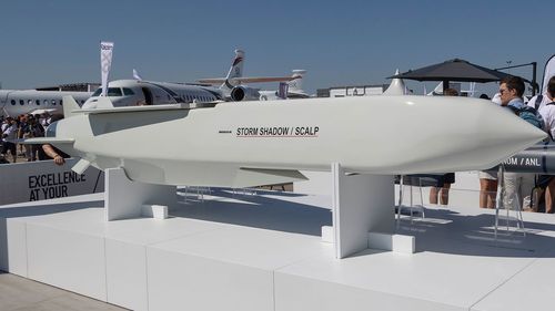 A Storm Shadow cruise missile is seen on display at the company's booth at the International Paris Air Show 2023 at the Le Bourget Airport.