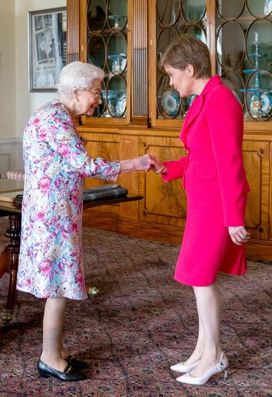 Queen Elizabeth II receives Scottish First Minister Nicola Sturgeon during an audience at the Palace of Holyroodhouse in Edinburgh, as part of her traditional trip to Scotland for Holyrood Week, on June 29, 2022 in Edinburgh, UK. United. 