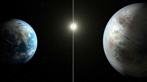 This artist's concept compares Earth (left) to the new planet, called Kepler-452b, which is about 60 percent larger in diameter. (NASA)