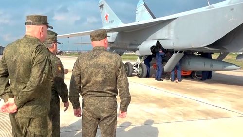 A MiG-31 fighter of the Russian air force carries a Kinzhal hypersonic cruise missile.