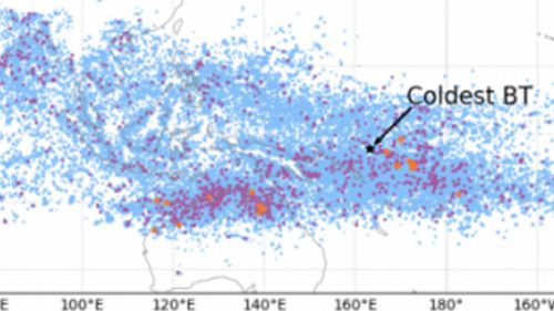 A map of all particularly cold brightness temperatures (BTs) recorded by the MODIS instrument aboard NASA's Aqua satellite 