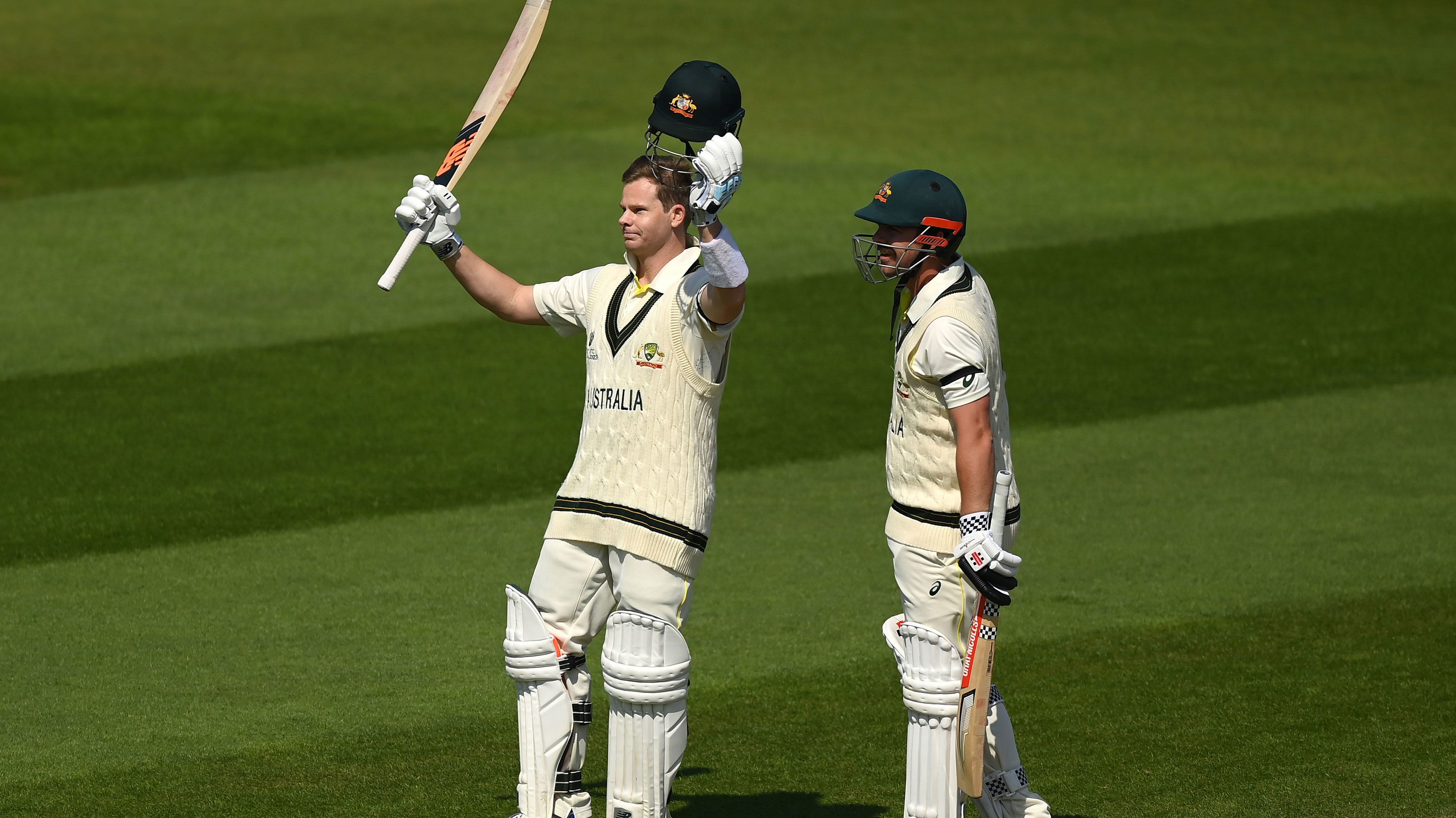 Steve Smith celebrates his century alongside teammate Travis Head during day two of the ICC World Test Championship Final between Australia and India at The Oval. 
