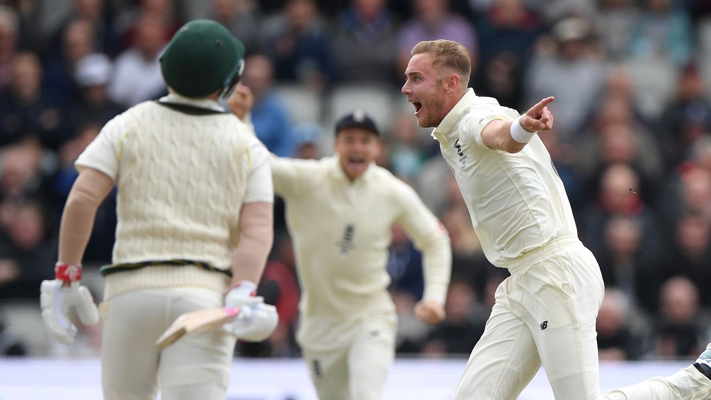 England bowler Stuart Broad celebrates after dismissing David Warner during day one of the 4th Ashes Test match between England and Australia at Old Trafford on September 04, 2019 in Manchester, England. (Photo by Stu Forster/Getty Images)