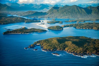 Tofino aerial shot with Clayoquot Sound, BC Canada