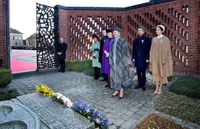  Queen Margrethe II of Denmark together with Crown Princess Mary and Crown Prince Frederik, Prince Joachim, Princess Marie of Denmark and Princess Benedikte of Denmark seen at the mausoleum where the late King Frederik 9 and Queen Ingrid are buried at Roskilde Cathedral at Roskilde on the occasion of the Queens 50 years anniversary as Monarch on January 14, 2022 in Roskilde, Denmark 