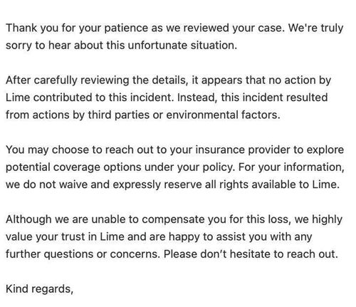 L'autista ha pubblicato uno screenshot dell'e-mail inviata da Lime dopo che l'azienda ha esaminato il caso.