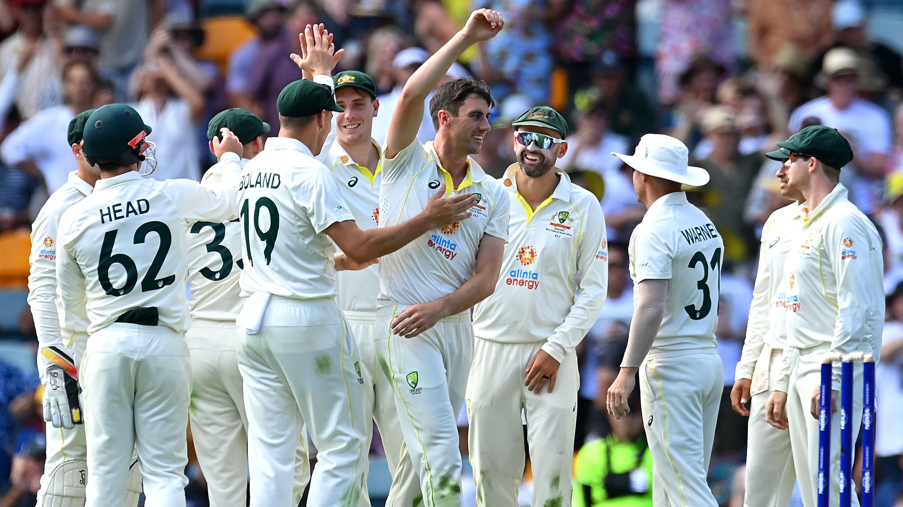 Australia celebrate a wicket during day two of the first Test between Australia and South Africa.