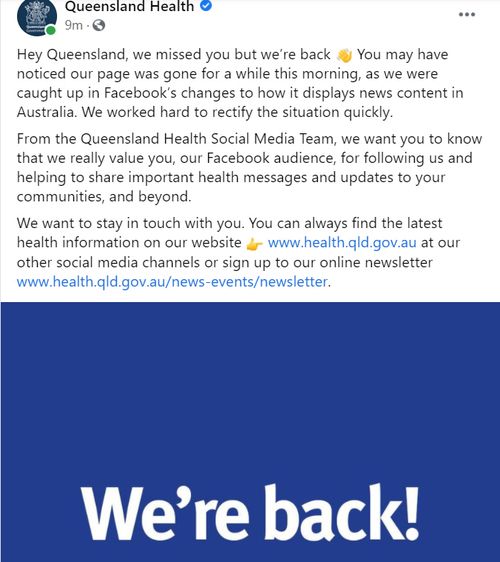 Facebook Queensland Health's page has been restored.