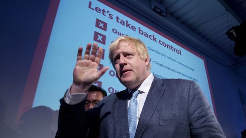 Boris Johnson delivers a speech during a Vote Leave rally at Forman's Fish Island, east London, 