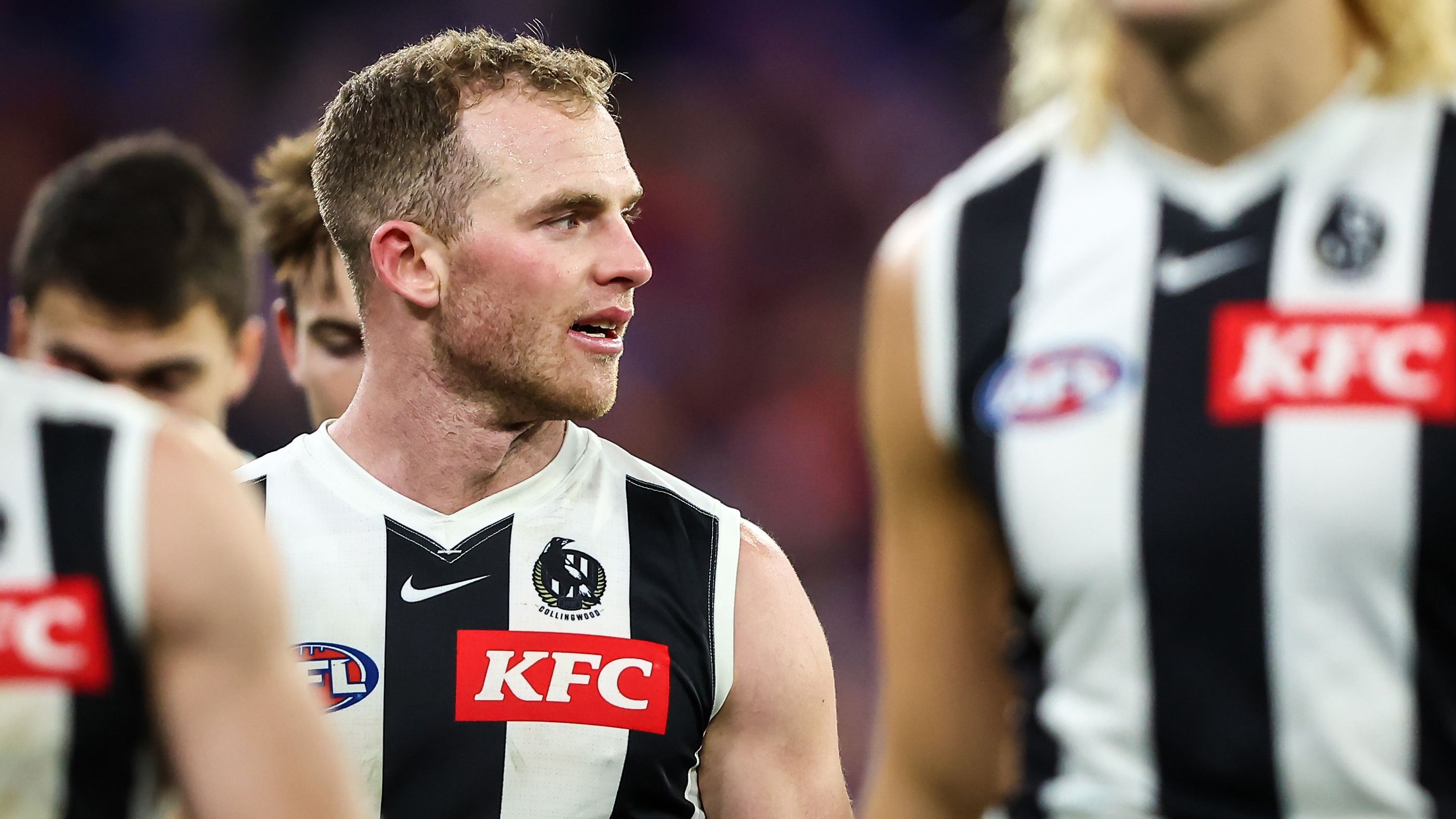 MELBOURNE, AUSTRALIA - JUNE 12: Tom Mitchell of the Magpies looks dejected after a loss during the 2023 AFL Round 13 match between the Melbourne Demons and the Collingwood Magpies at the Melbourne Cricket Ground on June 12, 2023 in Melbourne, Australia. (Photo by Dylan Burns/AFL Photos via Getty Images)