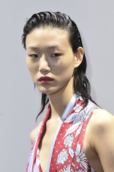 Sleek and chic - sporty-spice wet-look hair at Thakoon.