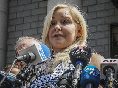 Virginia Roberts Giuffre holds a news conference outside a Manhattan court following the jailhouse death of Jeffrey Epstein, Aug. 27, 2019