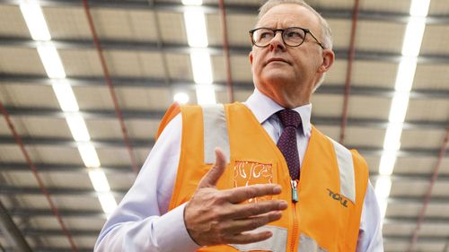 Opposition Leader Anthony Albanese speaks at an interview during a visit to the Toll NQX national office in Berrinba, Queensland