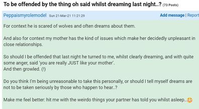 Mumsnet post about couple fight following sleep talking