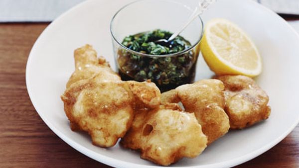 Scallop fritters with rocket salsa verde