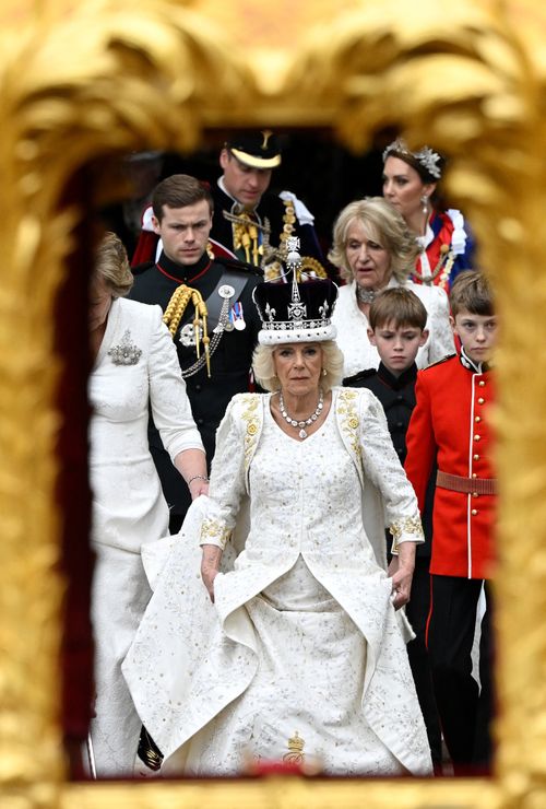 Queen Camilla, Prince William, Prince of Wales and Catherine, Princess of Wales leave Westminster Abbey following the coronation ceremony on May 6, 2023.