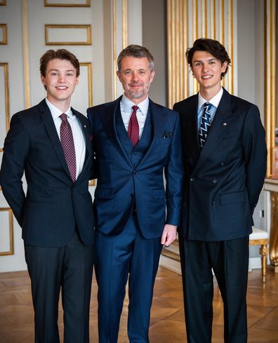 King Frederik X awards his nephews Count Nikolai and Count Felix of Monpezat with the Grand Cross of the Order of Dannebrog at Frederik VIII's Palace, Amalienborg, on Monday May 26, 2025.