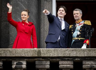 COPENHAGEN, DENMARK - JANUARY 14: Princess Isabella of Denmark, Crown Prince Christian of Denmark and King Frederik X of Denmark at the proclamation of HM King Frederik X and HM Queen Mary of Denmark on January 14, 2024 in Copenhagen, Denmark. Her Majesty Queen Margrethe II steps down as Queen of Denmark and and entrusts the Danish throne to His Royal Highness The Crown Prince, who becomes His Majesty King Frederik X and Head of State of Denmark. (Photo by Patrick van Katwijk/Getty Images)