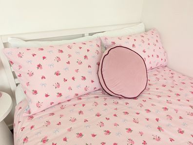 Kmart Lola duvet cover, velvet round pillow, bow trend