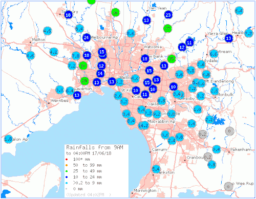 Rainfall totals across Melbourne since 9am. (BoM)