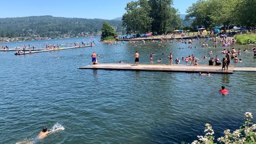 People flock to Bloedel Donovan park at Lake Whatcom in Bellingham, Washington state USA, during an uncharacteristic Pacific Northwest heat wave.