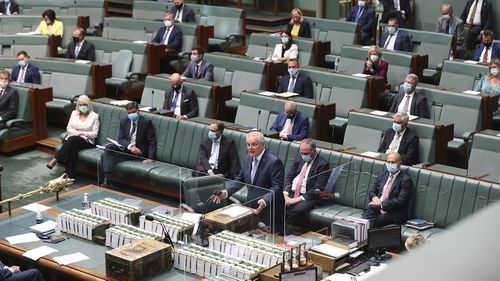 Prime Minister Scott Morrison during an apology in the House of Representatives to victims of alleged sexual harassment, assault and bullying at Parliament House 