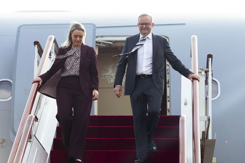 Prime Minister Anthony Albanese and his fiance Jodie Haydon arrive in Shaghai, China on July 12, 2025. Photo: Dominic Lorrimer