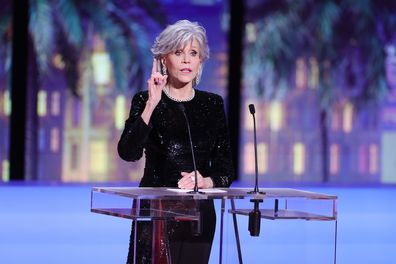 Jane Fonda presents The Palme D'Or Award during the closing ceremony during the 76th annual Cannes film festival