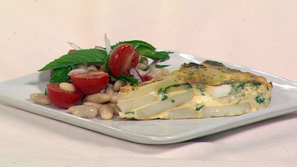 Zucchini, potato & mint frittata with tomato & bean salad