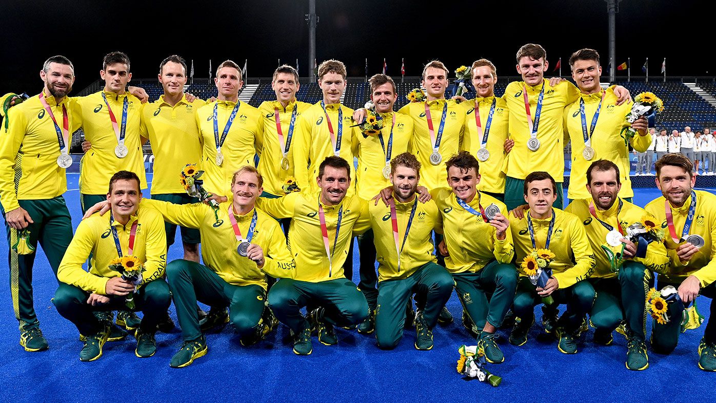 The Australian team with their silver medals after losing to Belgium in the final at the Tokyo Olympics.