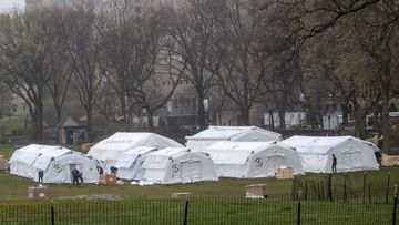 A Samaritan&#x27;s Purse crew works on building a 68 bed emergency field hospital specially equipped with a respiratory unit in New York&#x27;s Central Park.